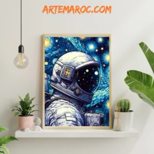 Astronaute en combinaison spatiale avec un arrière-plan inspiré de Van Gogh, encadré et disponible sur artemaroc.com.