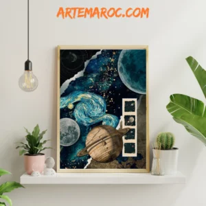 Œuvre spatiale avec Saturne et une galaxie tourbillonnante, encadrée et disponible sur artemaroc.com.