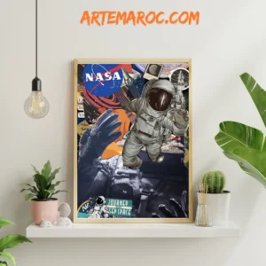 Astronaute flottant dans l'espace avec des planètes et des étoiles, encadré et disponible sur artemaroc.com.